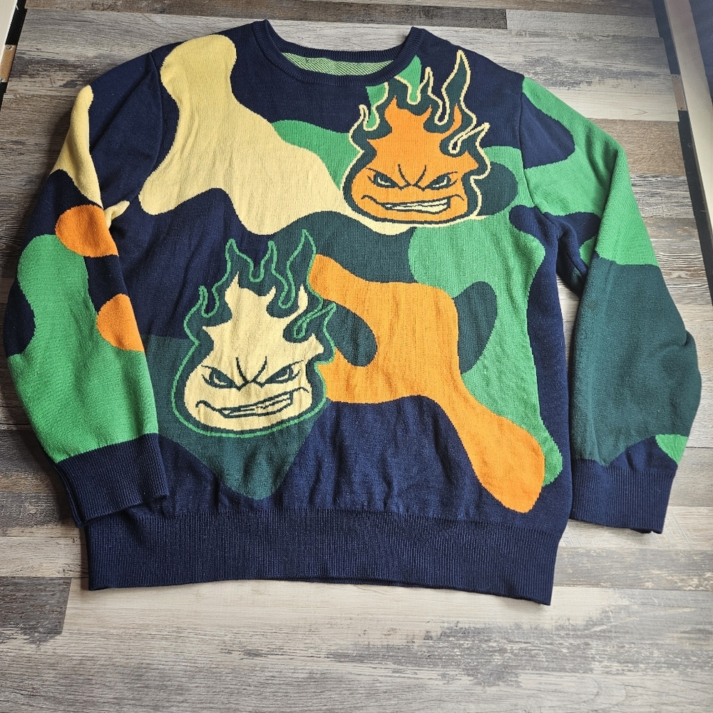 Rebel Minds Flame Graphic Sweater Green Yellow Camo Pattern Streetwear Large